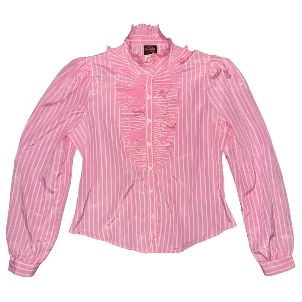 💙💖 Vintage 80s‎ Judy Knapp Pink Striped Ruffle Long Sleeve Shirt Coquette